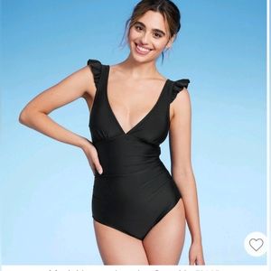 Kona Sol Women's Ruffle Shoulder Ruched Full Coverage One Piece Swimsuit- L